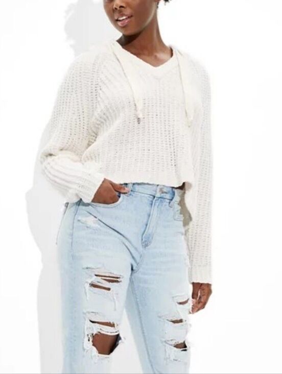 American Eagle Outfitters Sweaters - American Eagle Womens White Chenille Open Knit Cropped Hooded Sweater Size Small